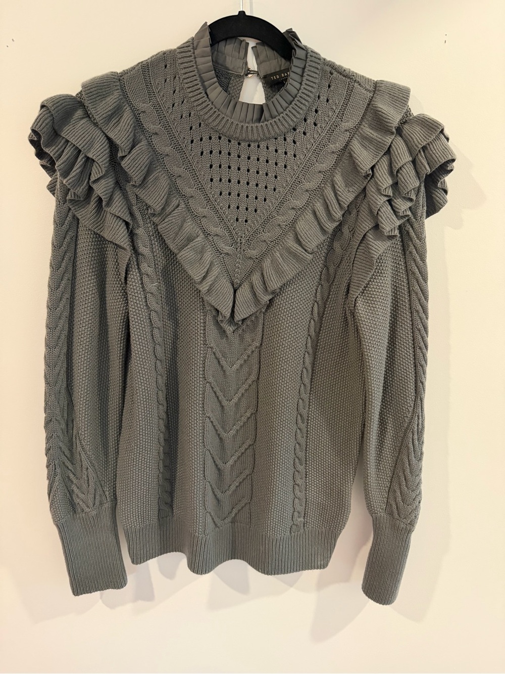 Ted Baker Gray Ruffled Cable-Knit Crewneck Sweater